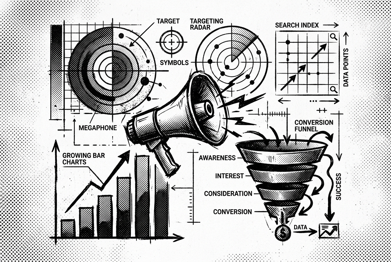 Digital Marketing & SEO halftone illustration